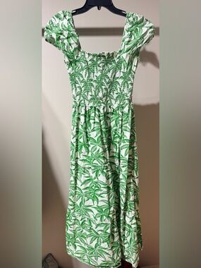 Green Leaf-Print Smocked Midi Dress